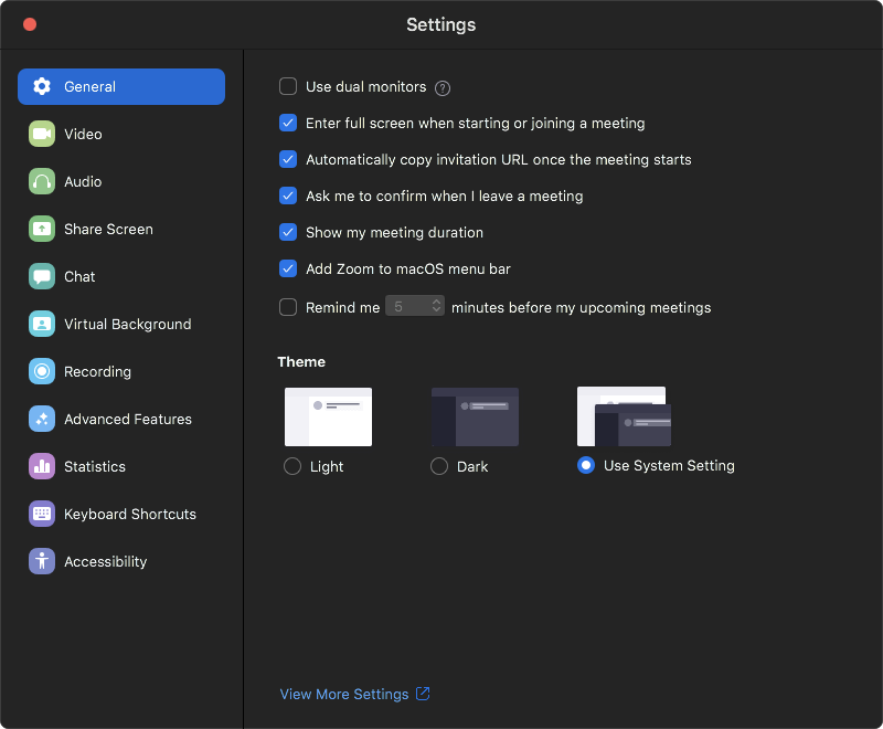 Screenshot of Zoom General Settings