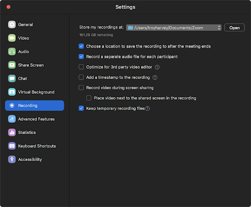 Screenshot of Zoom recording settings