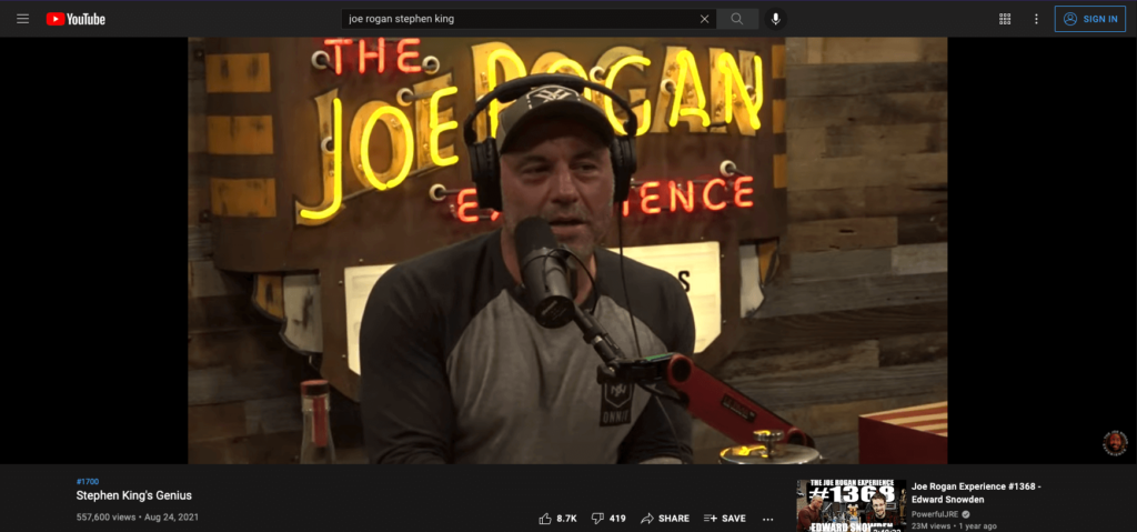 Joe Rogan on YouTube Stephen King clip