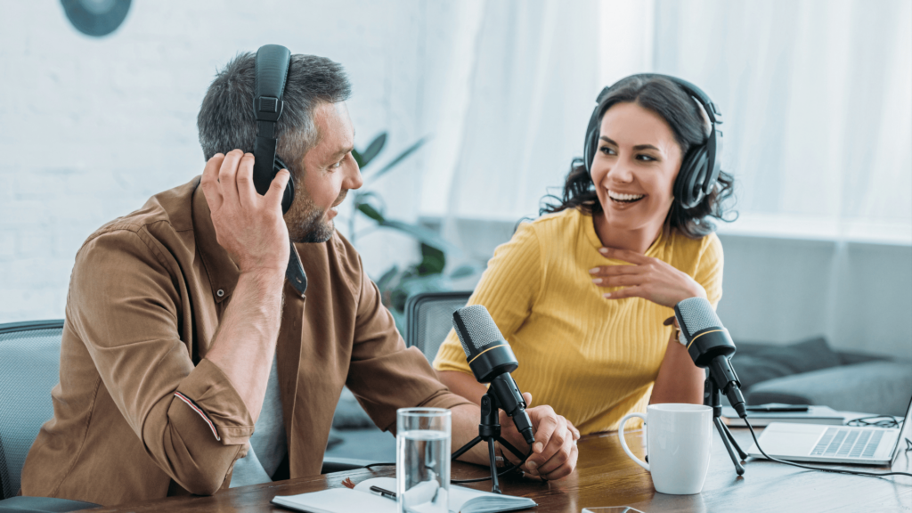 Photo of 2 people podcasting for March 2024 sale